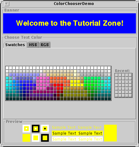 A snapshot of ColorChooserDemo, which contains a standard color chooser.
