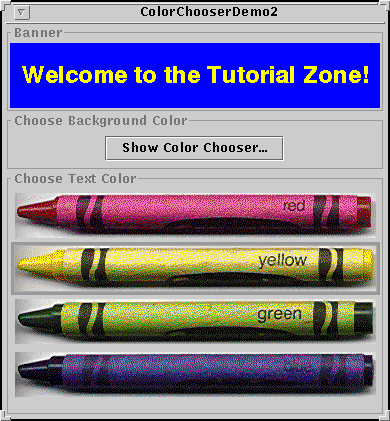 A snapshot of ColorChooserDemo, which contains a custom color chooser.