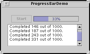 A snapshot of ProgressBarDemo, which uses a progress bar