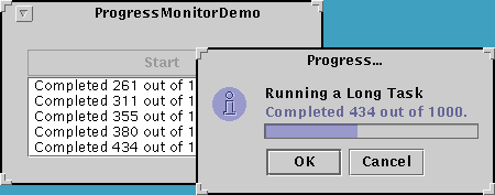 A snapshot of ProgressMonitorDemo and a dialog brought up by a progress monitor