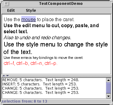 A snapshot of TextComponentDemo, which contains a customized text pane and a standard text area