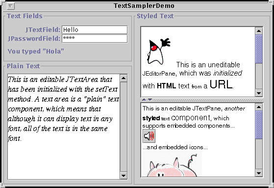 An application that provides a sample of each Swing text component
