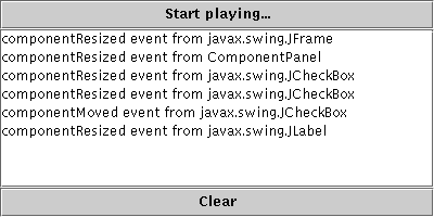 A snapshot of ComponentEventDemo, which demonstrates the events that are fired when a component is hidden, resized, and so on. 