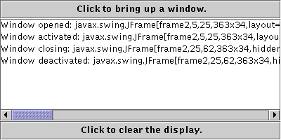 A snapshot of WindowEventDemo, which demonstrates the events that are fired when the window is resized, hidden, and so on. 